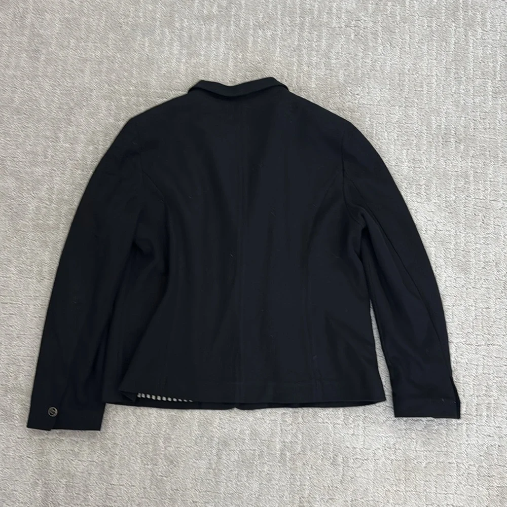 Chico’s knit pique black blazer enamel button gold tone hardware career workwear